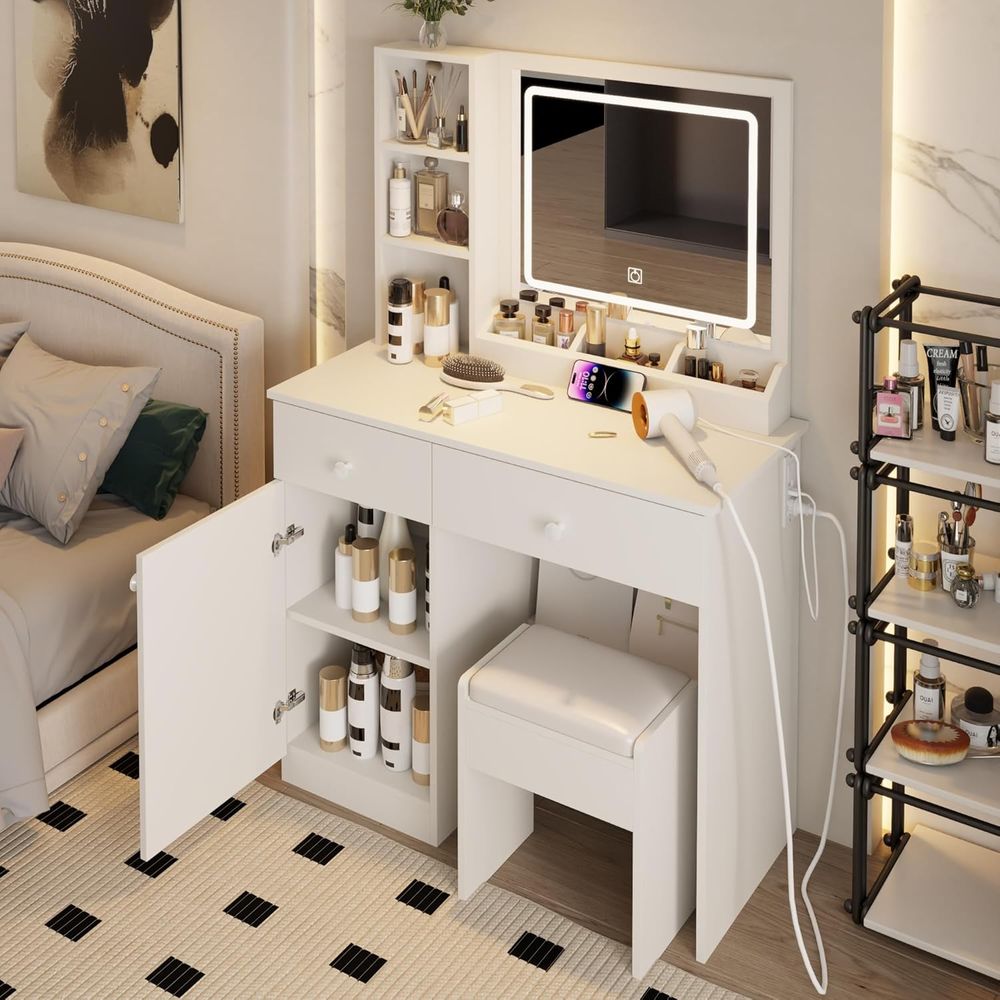Beauty Makeup Vanity Set - ドリングテーブルセット、大容量収納付き鏡台、電源コンセント、2つのクッション付きスツールまたは美容用ベンチ付きメイクアップバニティ