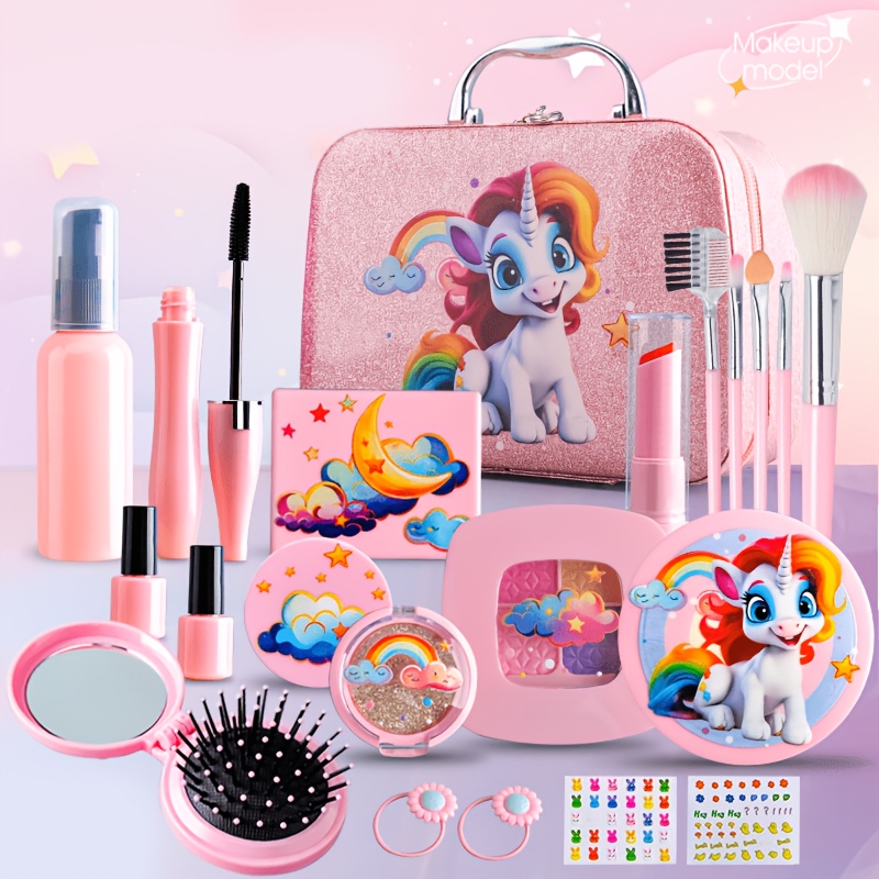 Beauty Makeup Kit For Kids - ユニコーンキッズごっこ遊びメイクアップセット、収納バッグ付き、水で落とせる無毒化粧品おもちゃ、女の子の誕生日プレゼント
