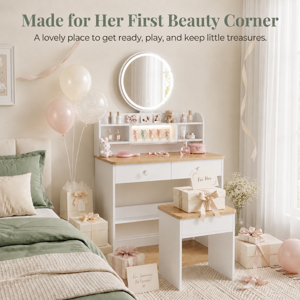 Beauty Makeup Vanity Set - 彼女への完璧な贈り物、LEDミラー付き丸型木製化粧台セット、スツールとナイトスタンド付きメイクアップテーブル、女の子や女性の寝室にぴったりの美しいコーナー家具