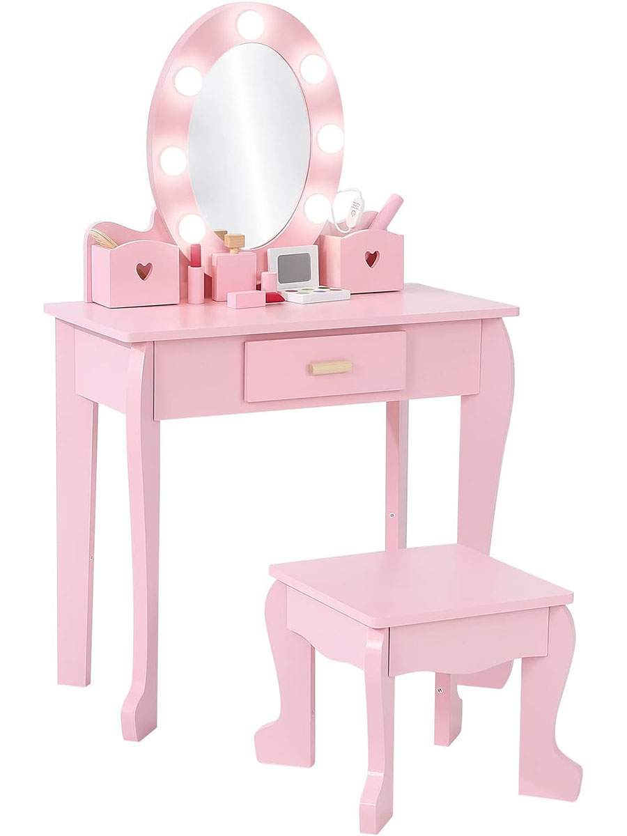 Beauty Makeup Kit For Kids - 子供用ドレッシングテーブルとスツールセット（ライト＆ミラー付き）、子供用化粧台（引き出し＆収納ボックス2個付き）、4～9歳向け子供用化粧台セット、寝室・プレイルーム用プリンセスメイクアップテーブル