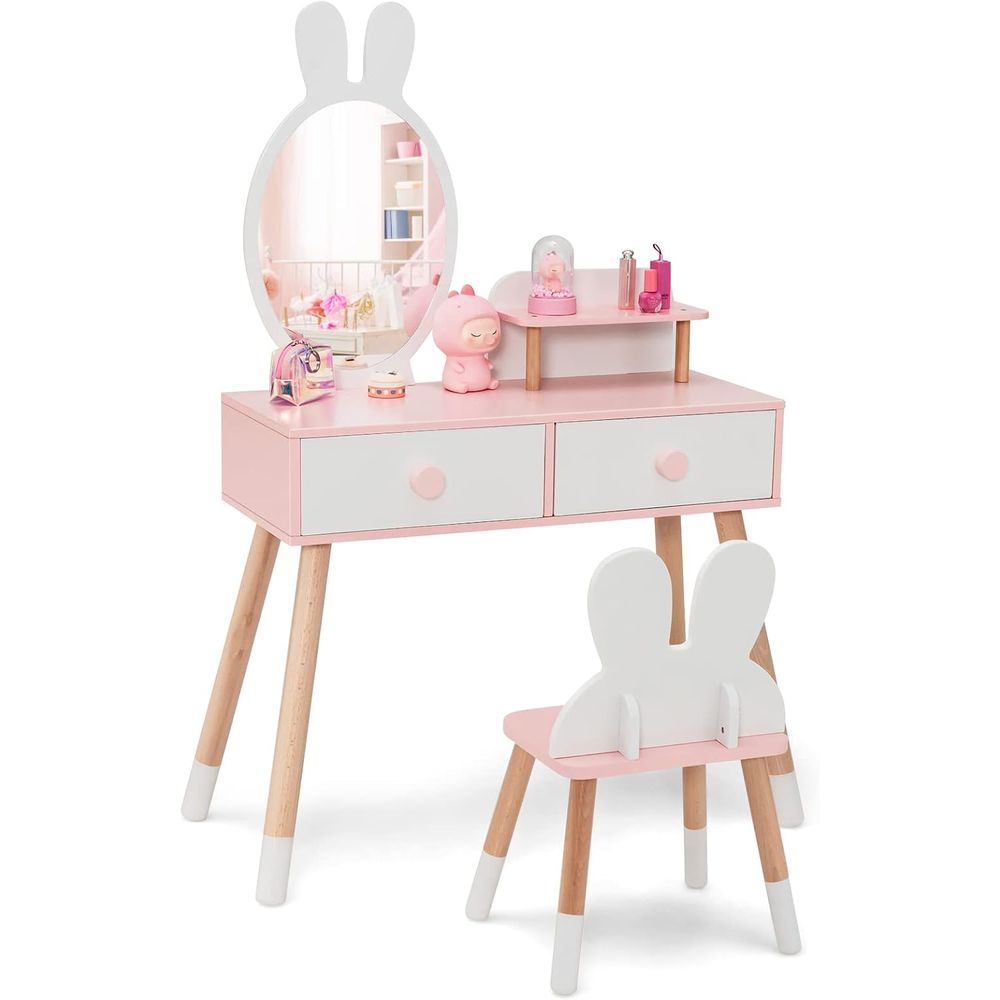 Beauty Makeup Vanity Set - EYキッズバニティ、ウサギをテーマにした幼児用木製化粧台と椅子セット、2つの大きな引き出し付き、木製脚、プリンセスドレッシングビューティーテーブル、G
