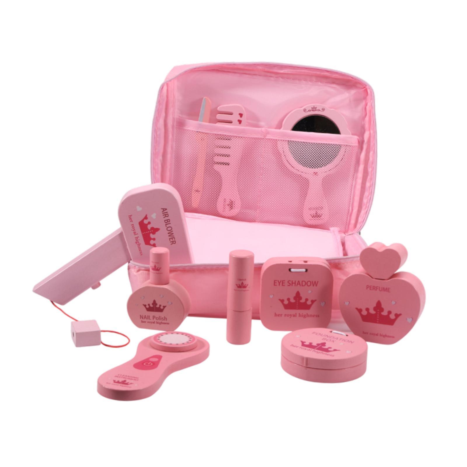 Beauty Makeup Kit For Kids - 10個入りごっこ遊びメイクアップキット木製ビューティーサロンおもちゃセット収納バッグ付き、微細運動能力向上、おしゃれなプリンセスドレスアップ、小さな女の子向け