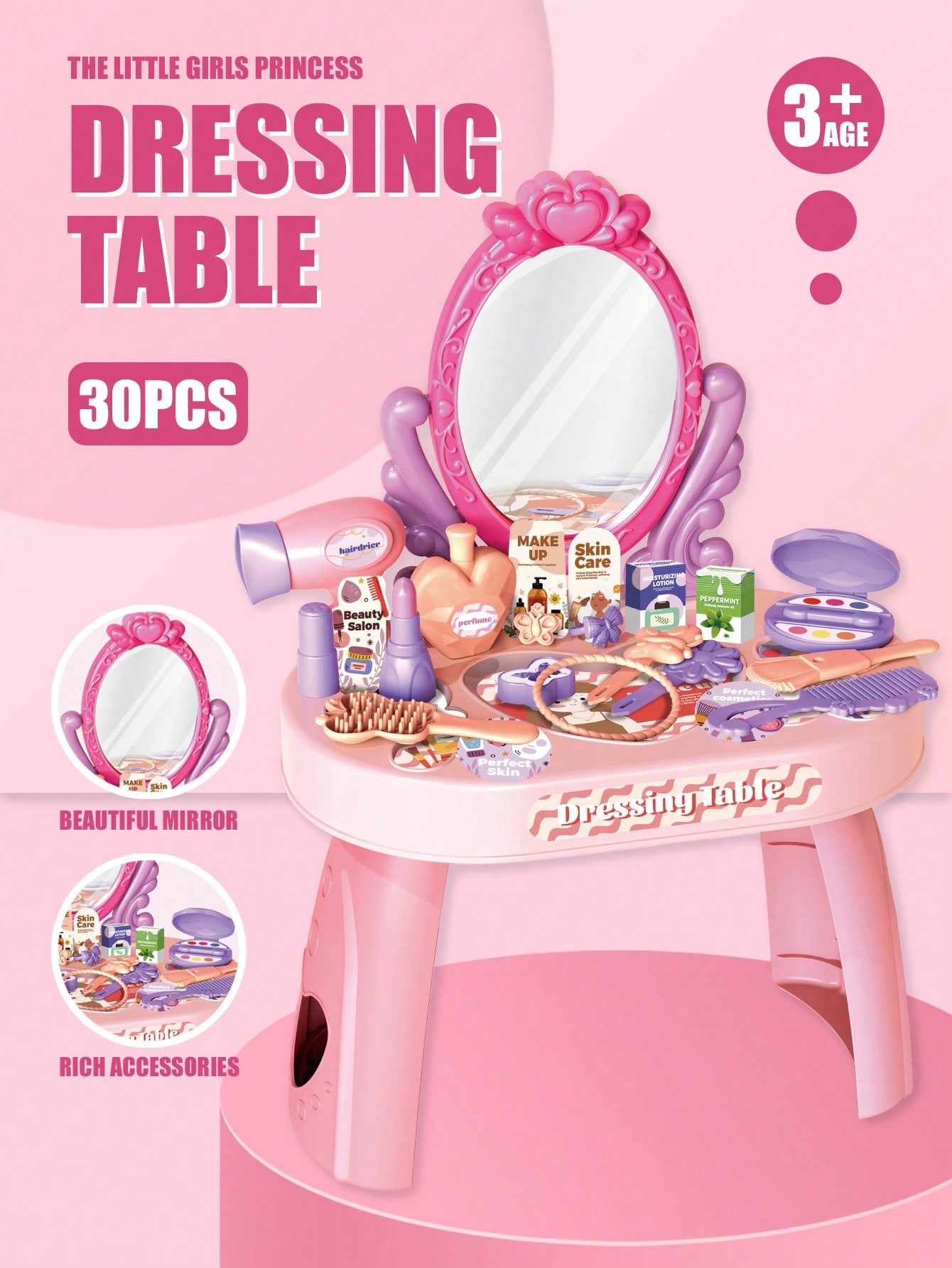 Beauty Makeup Kit For Kids - 子供用プリンセスドレッシングテーブルおもちゃセット、鏡と30個のメイクアップアクセサリー付き、ごっこ遊びヘアドライヤー化粧品キット、女の子へのプレゼント