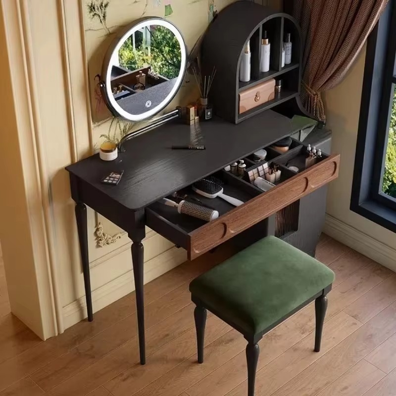 Beauty Makeup Vanity Set - イタリア製ブラックバニティテーブル引き出し付きスツール大型ビューティーフルセットメイクアップキャビネット高級モダンタヴォロ・ダ・トルッコ家庭用家具