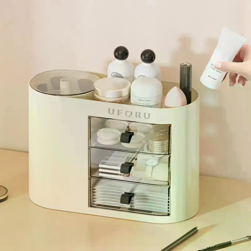 自動プッシュリフト式メイクアップオーガナイザー、大型引き出し - Beauty Makeup Vanity Set のレビューと価格