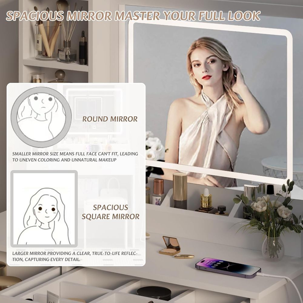 ドリングテーブルセット、大容量収納付き鏡台、電源コンセント、 - Beauty Makeup Vanity Set のレビューと価格