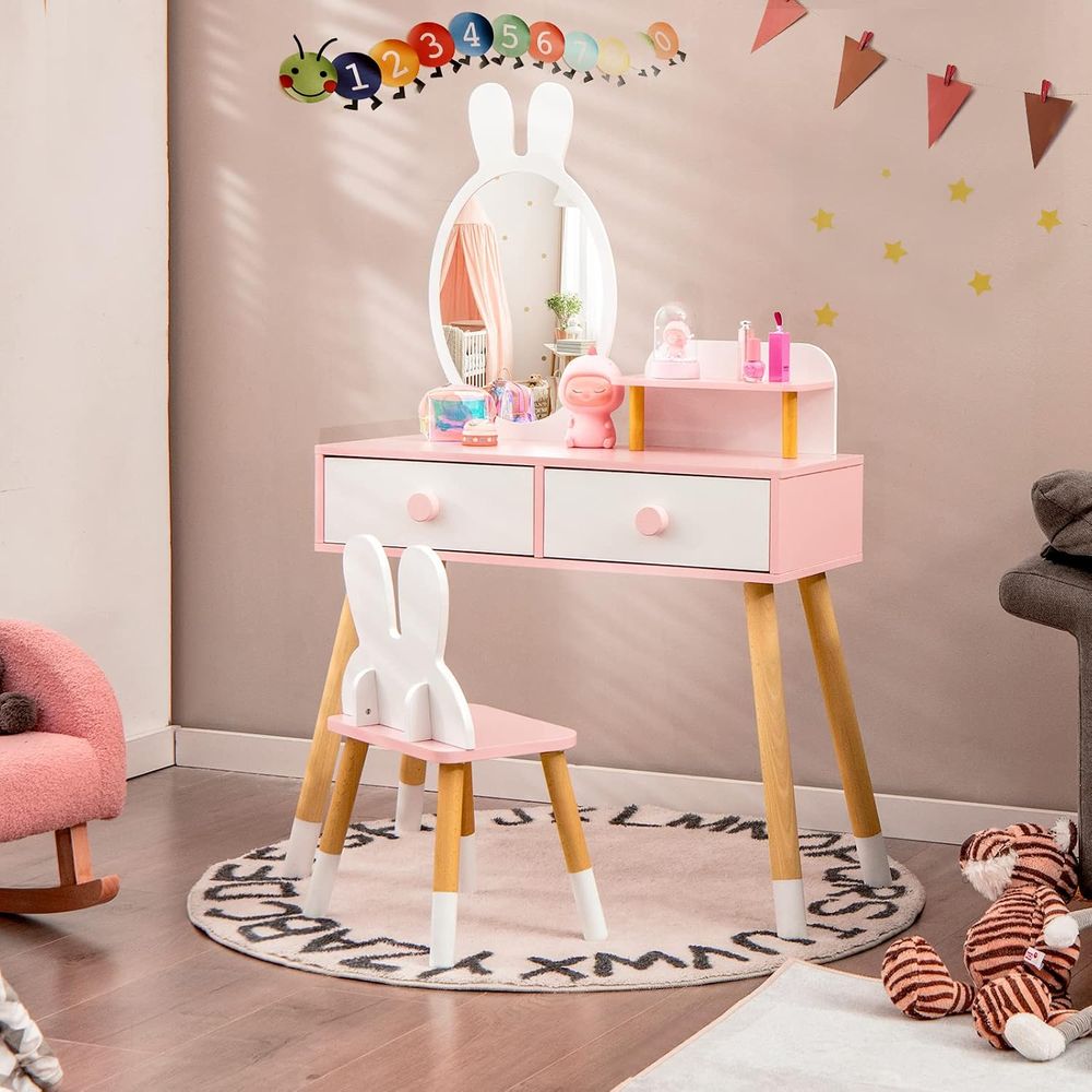 EY キッズバニティ、ウサギをテーマにした幼児用木製メイクア - Beauty Makeup Vanity Set のレビューと価格