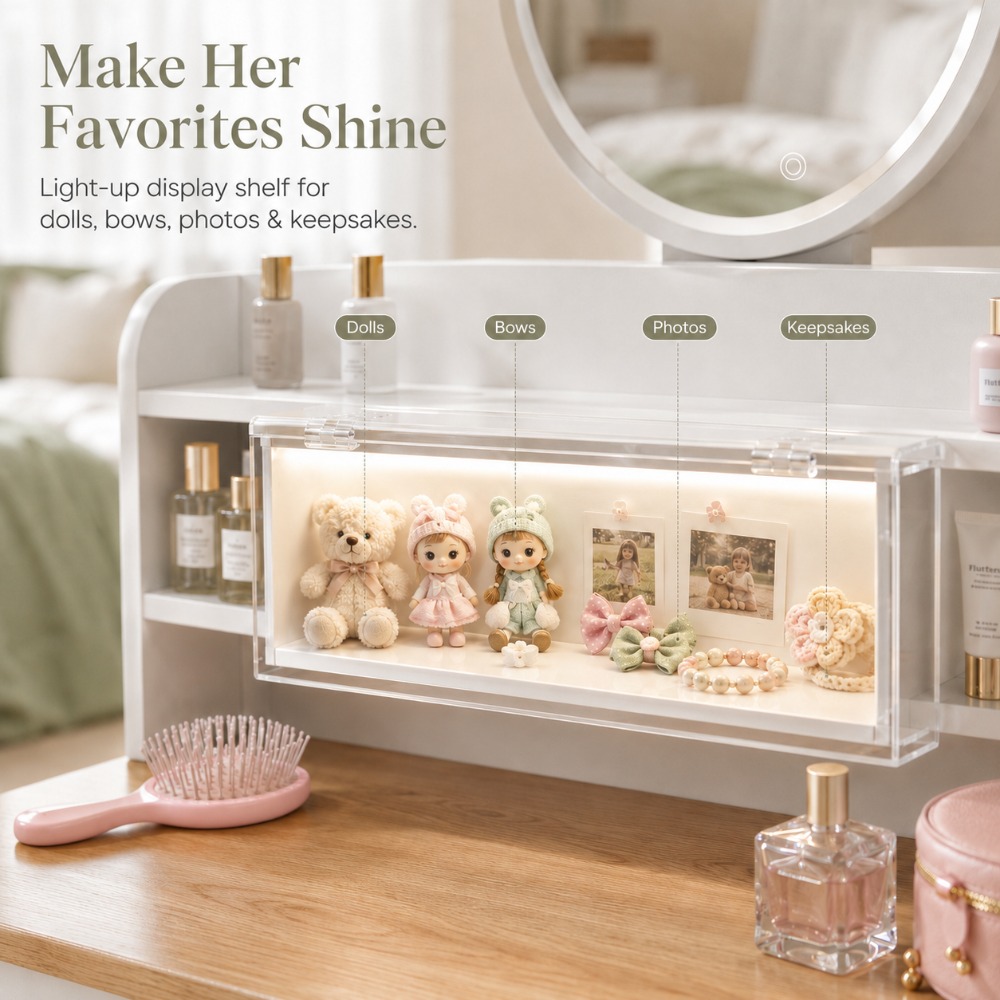 彼女への完璧な贈り物、LEDミラー付き丸型木製化粧台セット、 - Beauty Makeup Vanity Set のレビューと価格
