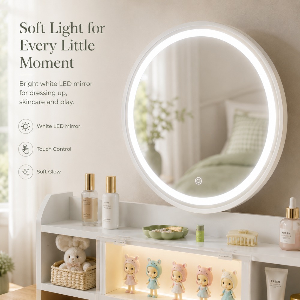 彼女への完璧な贈り物、LEDミラー付き丸型木製化粧台セット、 - Beauty Makeup Vanity Set のレビューと価格