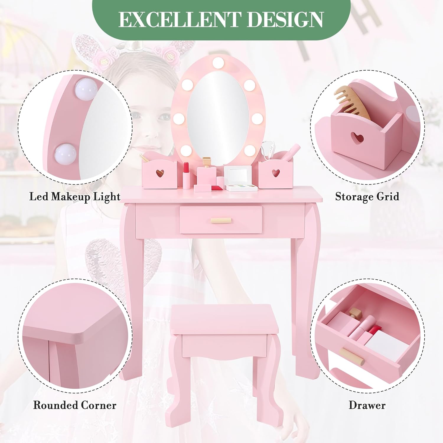 子供用ドレッシングテーブルとスツールセット（ライト＆ミラー付 - Beauty Makeup Kit For Kids のレビューと価格