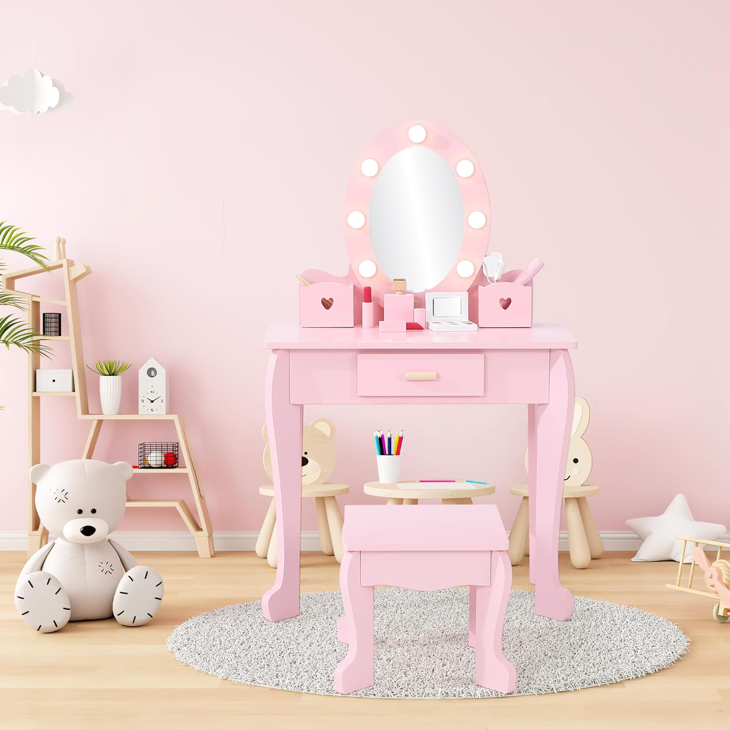 子供用ドレッシングテーブルとスツールセット（ライト＆ミラー付 - Beauty Makeup Kit For Kids のレビューと価格