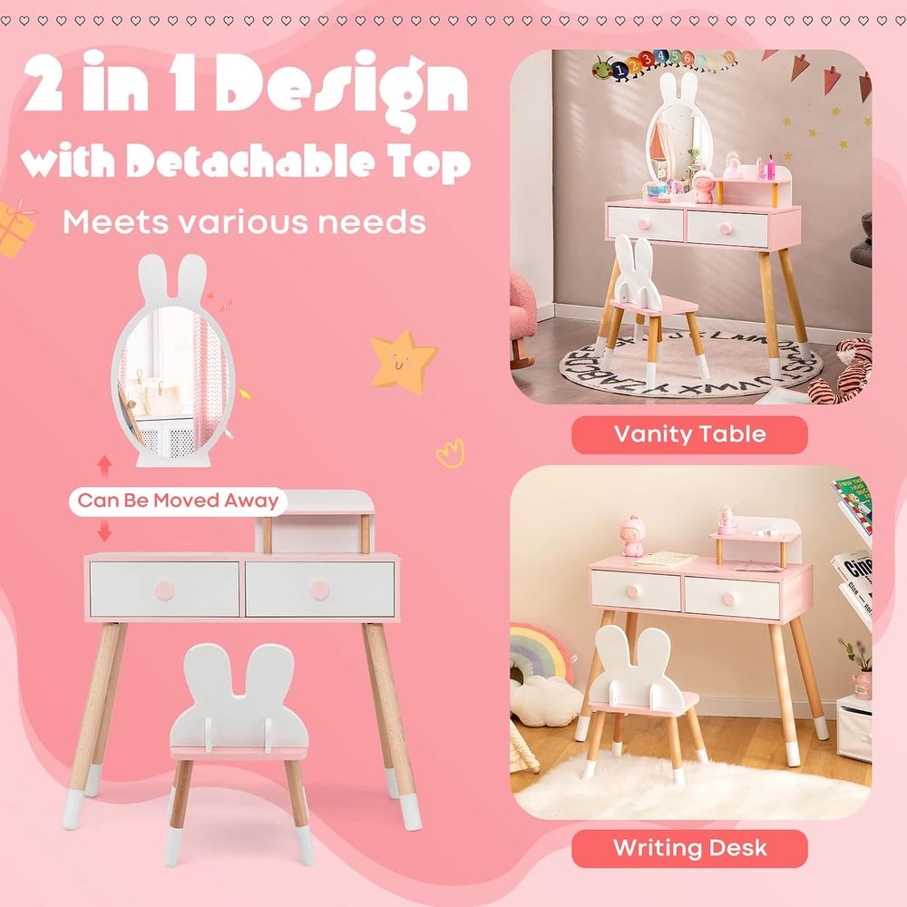 EYキッズバニティ、ウサギをテーマにした幼児用木製化粧台と椅 - Beauty Makeup Vanity Set のレビューと価格