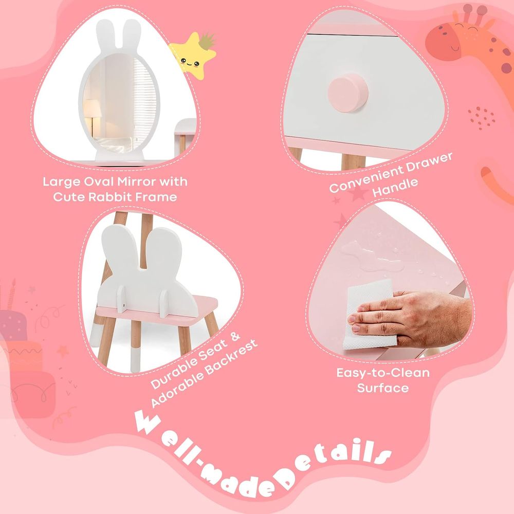EY キッズバニティ、ウサギをテーマにした幼児用木製メイクア - Beauty Makeup Vanity Set のレビューと価格